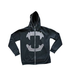 Men’s Small Vampire Rhinestone Black Zip Up Hoodie with Fang Design